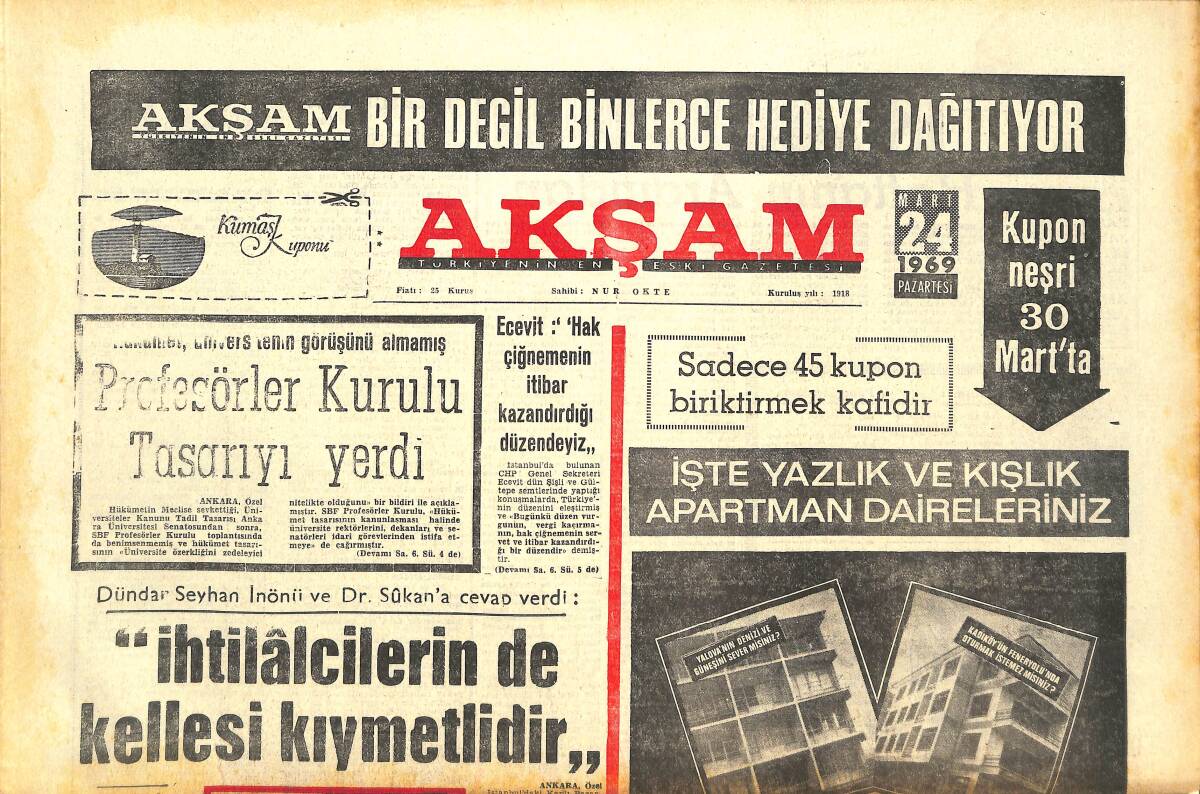 Akşam Gazetesi 24 Mart 1969 - Profesörler Kurulu Tasarıyı Yerdi - Galatasaray İzmir'de Korktuğuna Uğramadı: 2-0 GZ142617 - 1