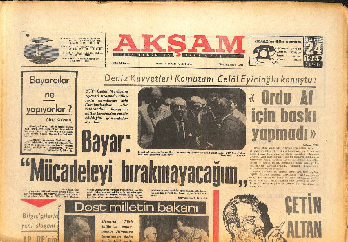 Akşam Gazetesi 24 Mayıs 1969 - Celal Bayar: Mücadeleyi Bırakmayacağım! - Sülün Osman İle Komitacı Kazım Barıştı! GZ142619 - 1