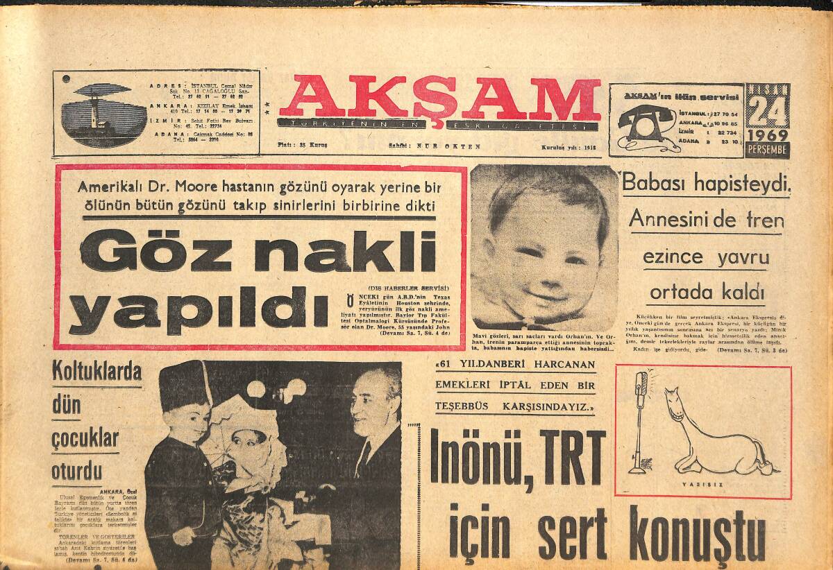 Akşam Gazetesi 24 Nisan 1969 - İnönü TRT İçin Sert Konuştu - De Gaulle Gidiyor Mu? GZ143496 - 1