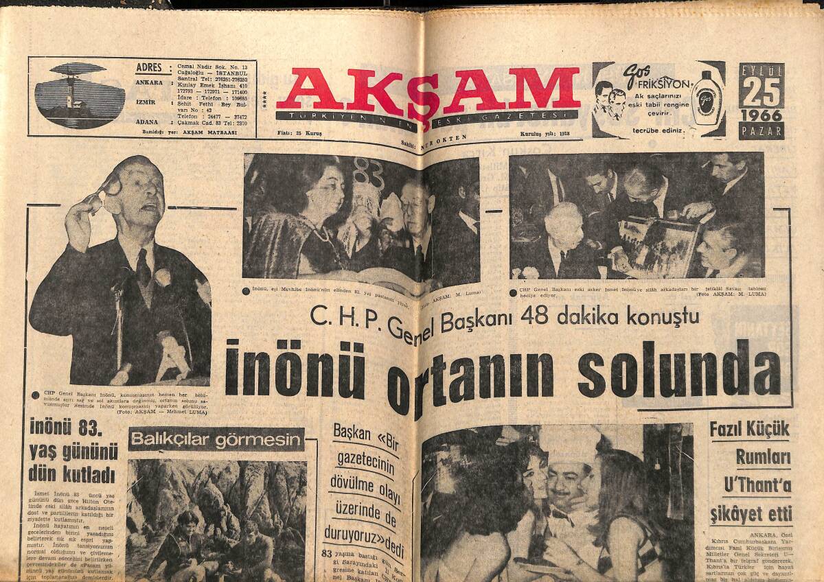 Akşam Gazetesi 25 Eylül 1966 - İnönü 83. Yaş Gününü Kutladı - Sütyen Ve Kilotla Çiğ Köfte Güzeli Seçildi GZ143559 - 1