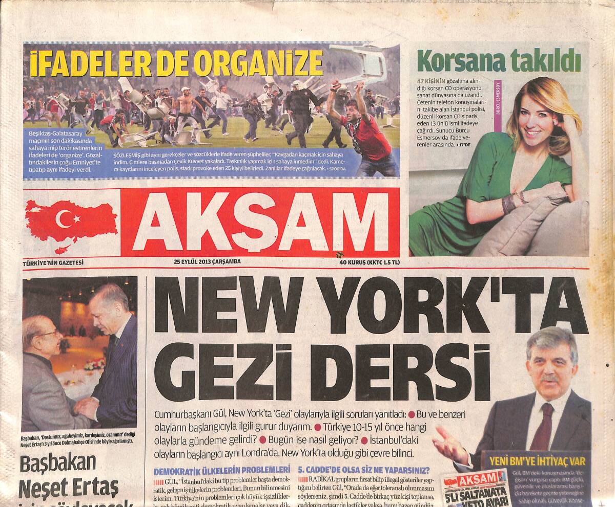 Akşam Gazetesi 25 Eylül 2013 - New York'ta Gezi Dersi - Burcu Esmersoy Korsana Takıldı GZ136855 - 1