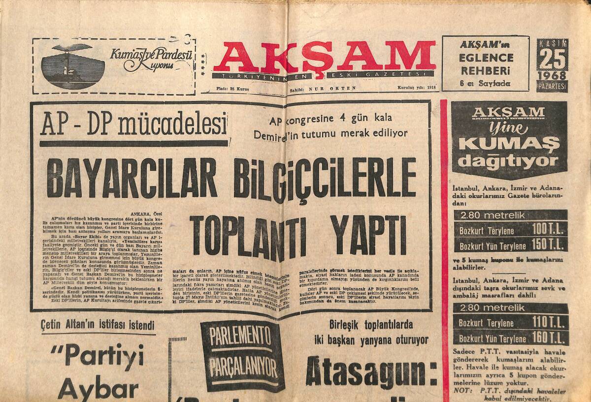 Akşam Gazetesi 25 Kasım 1968 - Lider Galatasaray Ankara'da Devrildi - Keban Grevinde Tabancalar Konuştu GZ148212 - 1