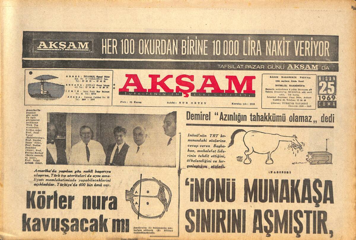 Akşam Gazetesi 25 Nisan 1969 - İnönü Münakaşa Sınırını Aşmıştır! - Altın Kız Mary Rand Boşanıyor! GZ143495 - 1
