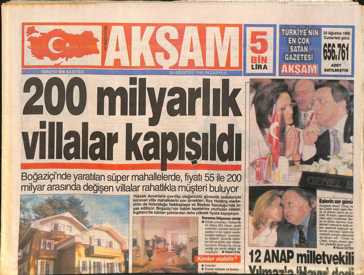 Akşam Gazetesi 26 Ağustos 1996 - Fas Kralından Michael Jackson'a Ret - Denizli'den Terim'e Veryansın GZ2650 - 1