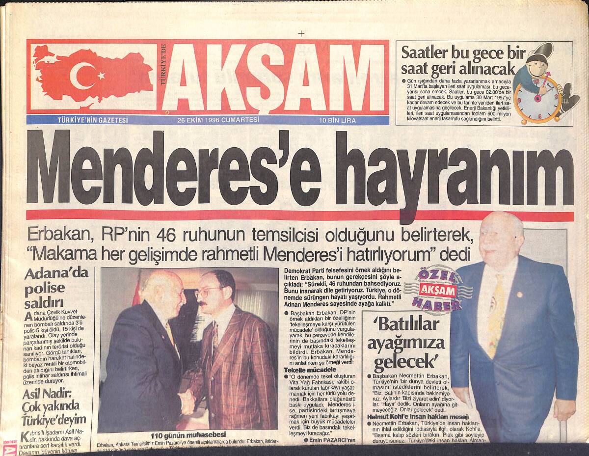 Akşam Gazetesi 26 Ekim 1996 - Erbakan: Menderes'e Hayranım - CimBom Hırs Küpü GZ3136 - 1