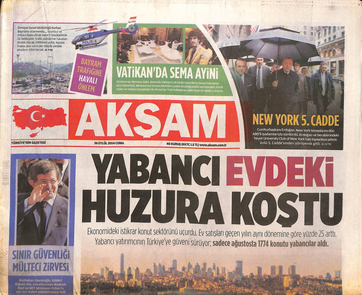 Akşam Gazetesi 26 Eylül 2014 - İstanbul'un Mührü Artık Vali Şahin'de - Can Borcuna 24 Ay Taksit GZ136186 - 1