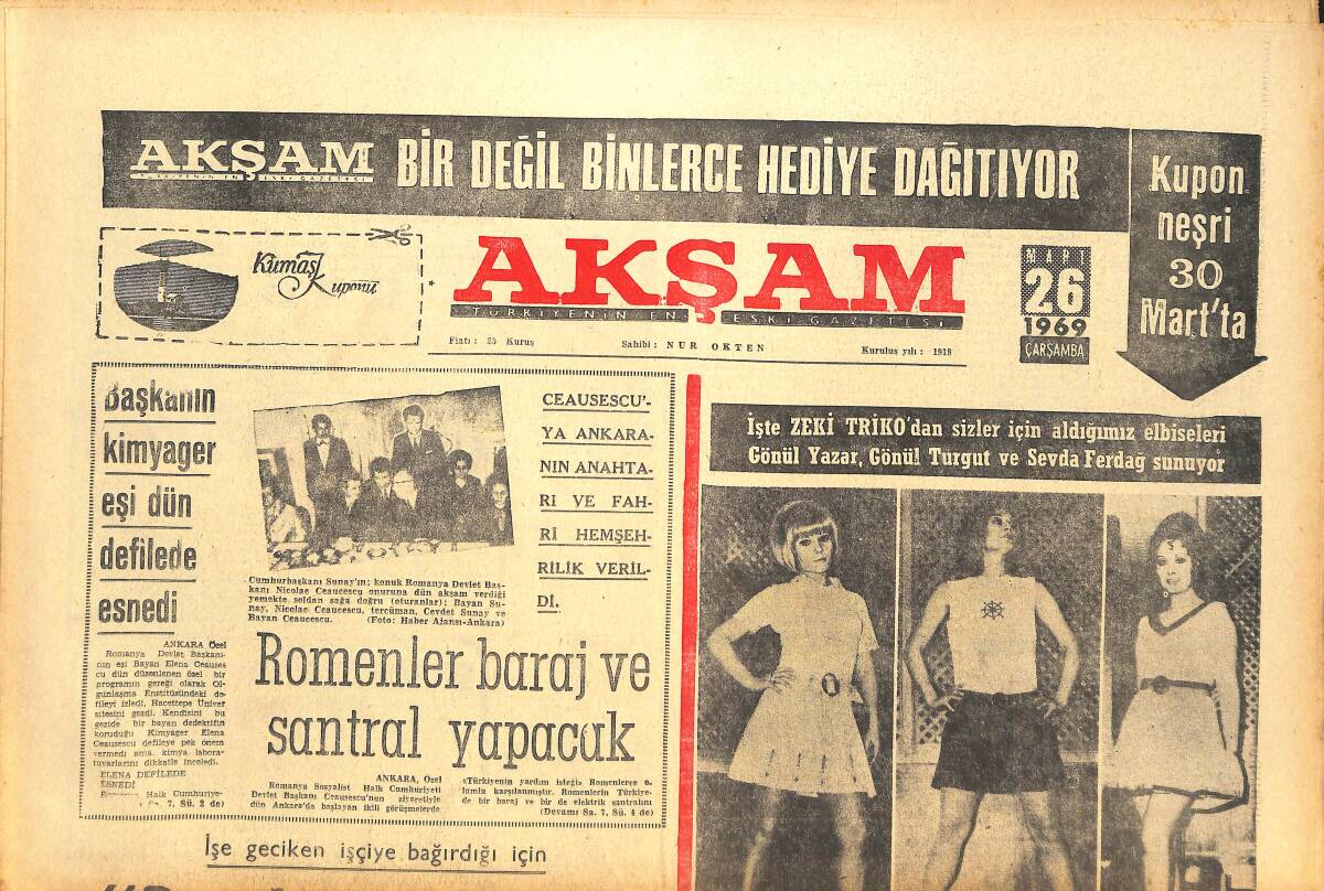 Akşam Gazetesi 26 Mart 1969 - Romenler Baraj Ve Santral Yapacak - Aşçıların Aşçısı İlyas Usta Öldürüldü GZ142616 - 1