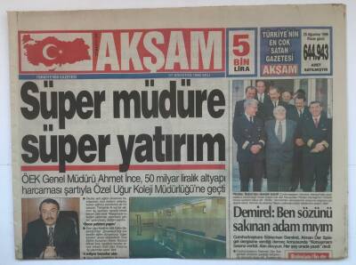 Akşam Gazetesi 27 Ağustos 1996 - Demirel Ben Sözünü Sakınan Adam Mıyım GZ2599 - 1