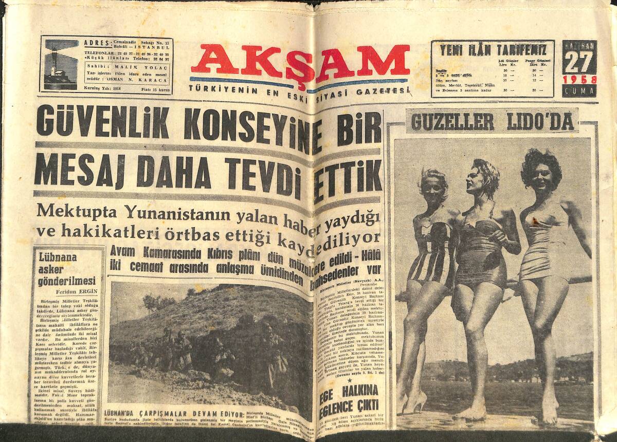Akşam Gazetesi 27 Haziran 1958 - DP Genel İdare Kurulu Uzun Bir Toplantı Yaptı - Kraliçe Namzetleri İstanbulu Gezdiler! GZ142199 - 1