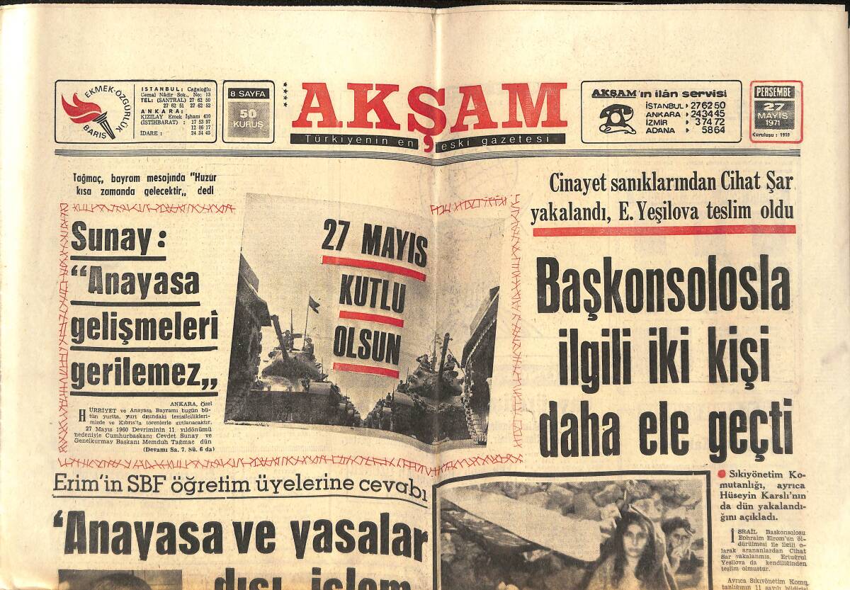 Akşam Gazetesi 27 Mayıs 1971 - U-Thant ; Kıbrıs'ta Üniter Devlet İstiyor - Yılmaz Güney Gözaltına Alındı , Dağlarca Tutuklu GZ149403 - 1