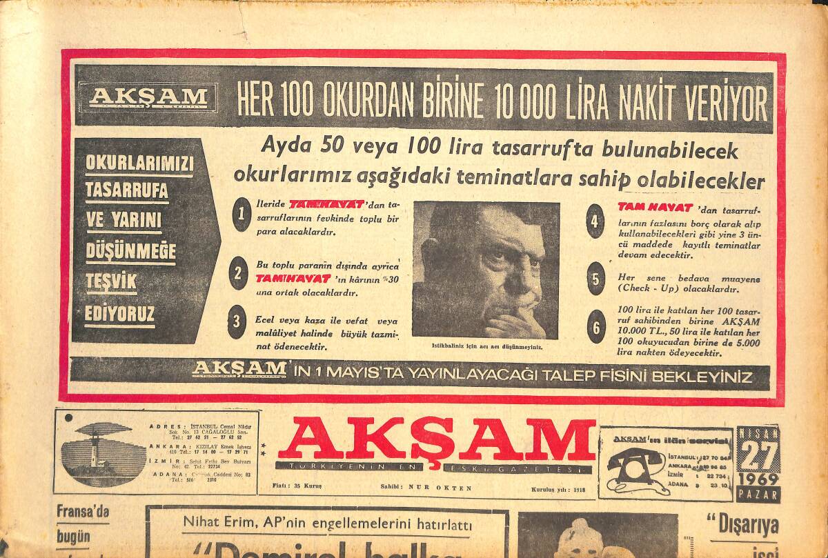 Akşam Gazetesi 27 Nisan 1969 - Nihat Erim:Demirel Halka Ninni Söylüyor -TRT'NİN Denetimi -Ahmet Sapmaz'ın Kızı Binbir Gece Masallarındaki Gibi Evlendi GZ143493 - 1