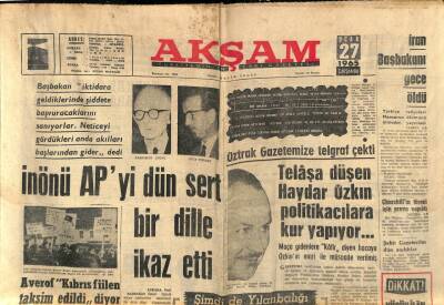 Akşam Gazetesi 27 Ocak 1965 - İran Başbakanı Gece Öldü GZ87833 - 1