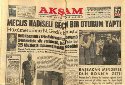 Akşam Gazetesi 27 Temmuz 1958 - Adnan Menderes Dün Bonna Gitti GZ97670 - 1