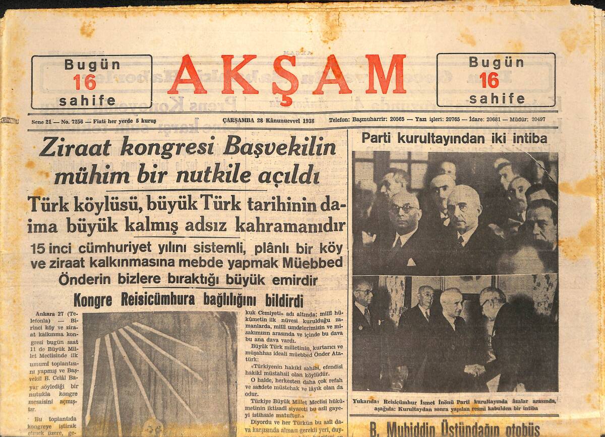 Akşam Gazetesi 28 Aralık 1938 - Türk Köylüsü , Büyük Türk Tarihinin Daima Büyük Kalmış Adsız Kahramanıdır GZ146693 - 1