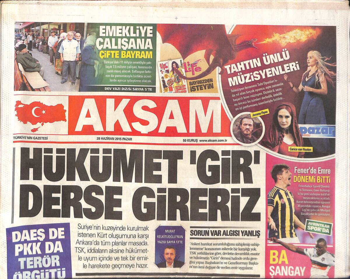 Akşam Gazetesi 28 Haziran 2015 - Fenerbahçe'de Emre Belözoğlu Dönemi Bitti! - Cumhurbaşkanı İle Ahmet Davutoğlu İstanbul'da Buluştu! GZ136853 - 1