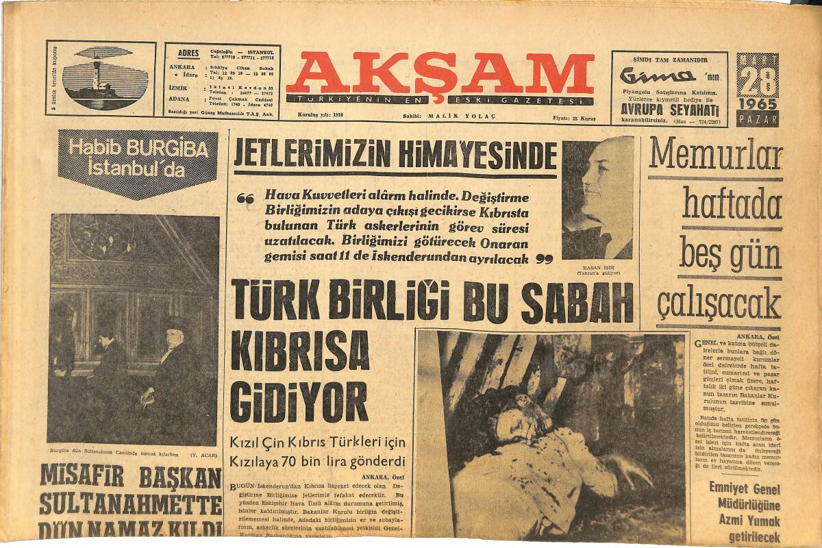 Akşam Gazetesi 28 Mart 1965 - Türk Birliği Bu Sabah Kıbrıs'a Gidiyor! - Futbolcu Lefter Bıçaklanıyordu! GZ145020 - 1