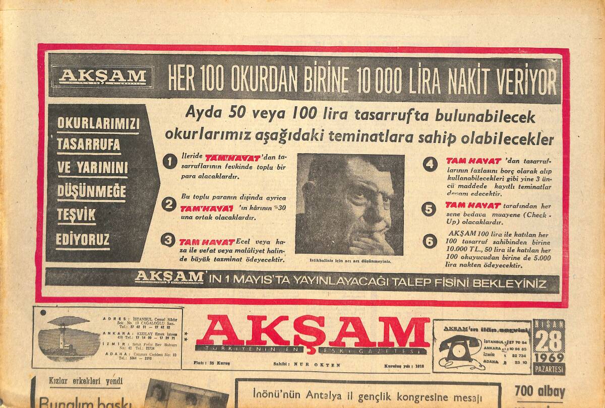 Akşam Gazetesi 28 Nisan 1969 - YTP Af İçin Harekete Geçti - Milli Takım Polonya İçin Kampa Girdi! GZ143492 - 1