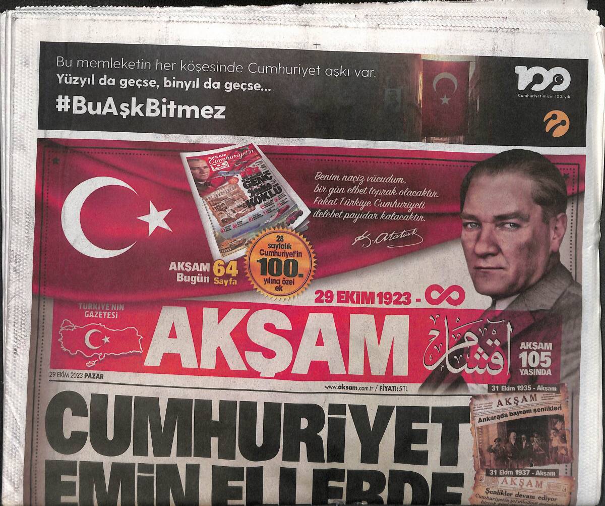 Akşam Gazetesi 29 Ekim 2023 - Cumhuriyetimizin 100. Yılı Kutlu Olsun GZ131490 - 1