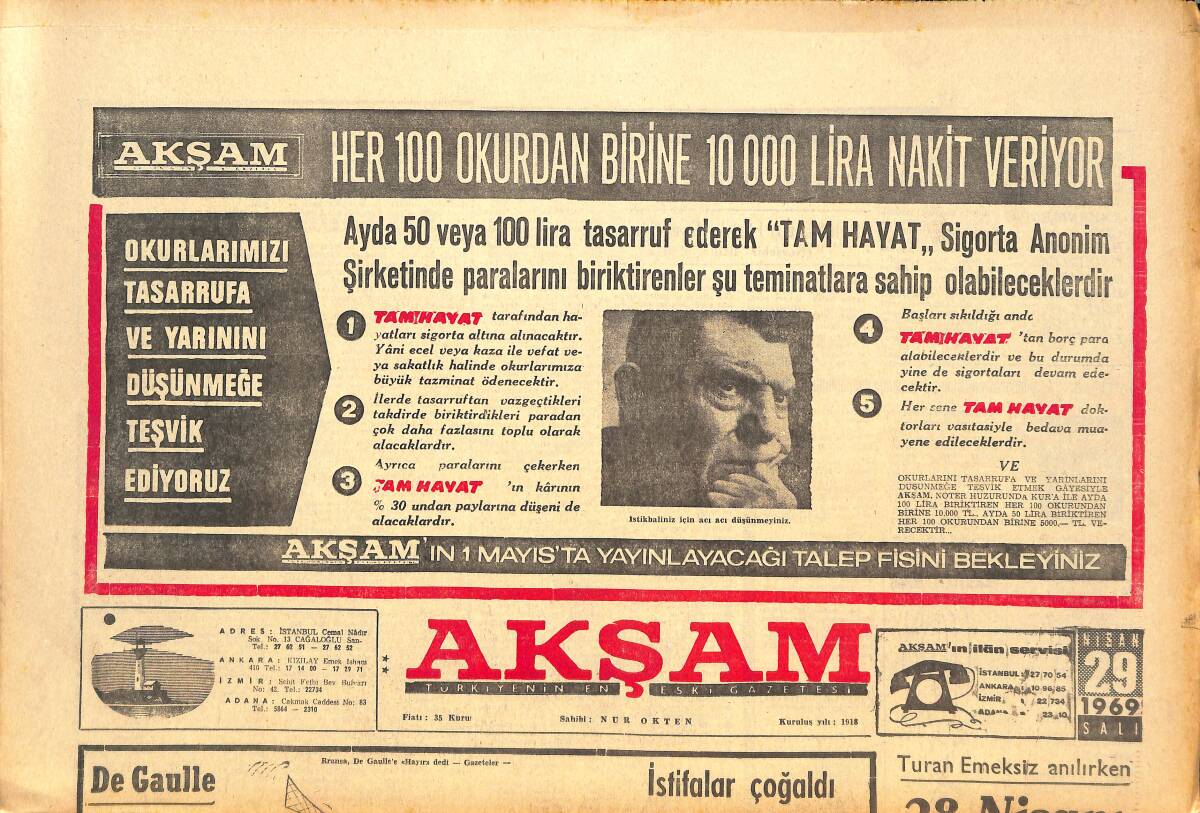 Akşam Gazetesi 29 Nisan 1969 - Fransa'da Kriz Başlıyor - CHP Yöneticilerine Karne GZ143491 - 1