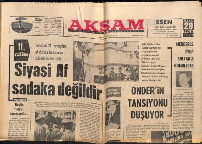 Akşam Gazetesi 29 Temmuz 1966 - Menderes Eyüp Sultana Gömülecek GZ80727 - 1