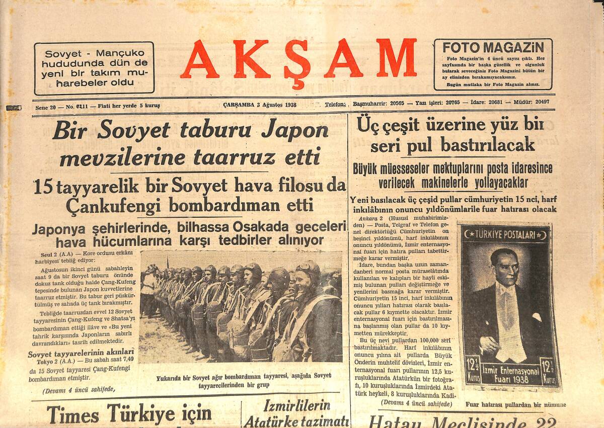 Akşam Gazetesi 3 Ağustos 1938 - Bir Sovyet Taburu Japon Mevzilerine Taarruz Etti - İzmirlilerin Atatürk'e Tazimatı GZ146588 - 1