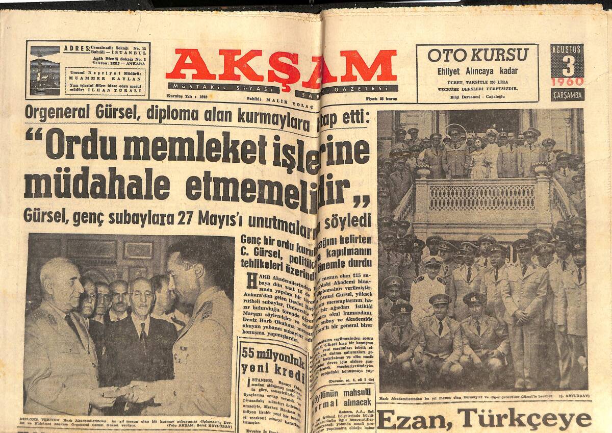 Akşam Gazetesi 3 Ağustos 1960 - Ezan, Türkçeye Çevrilmeyecek - Beşiktaş - Rapid Maçının Tarihinde Değişiklik Yapıldı GZ141912 - 1