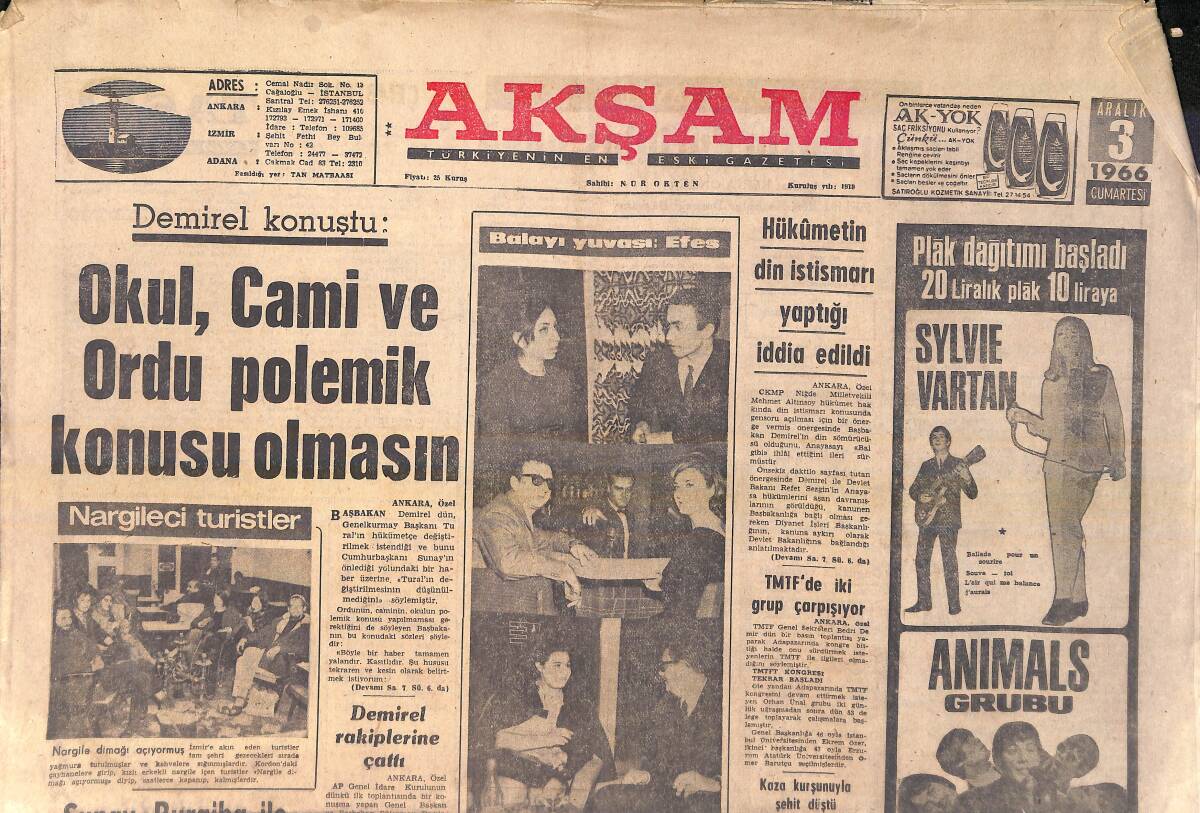Akşam Gazetesi 3 Aralık 1966 - Tülay German Dalida'ya Benzememek İçin Paris'te Saç Tuvaletini Değiştirdi - 1966'nın En iyi Grubu Beach Boys GZ156915 - 1