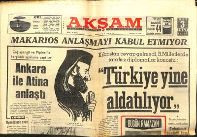 Akşam Gazetesi - 3 Aralık 1967 - Kıbrısta Türkiye Yine Aldatılıyor GZ99720 - 1