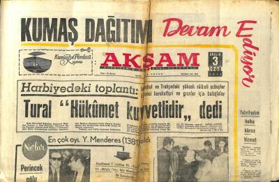 Akşam Gazetesi 3 Aralık 1968 - Org.Cemal Tural,Hükümet Kuvvetlidir Dedi GZ97609 - 1