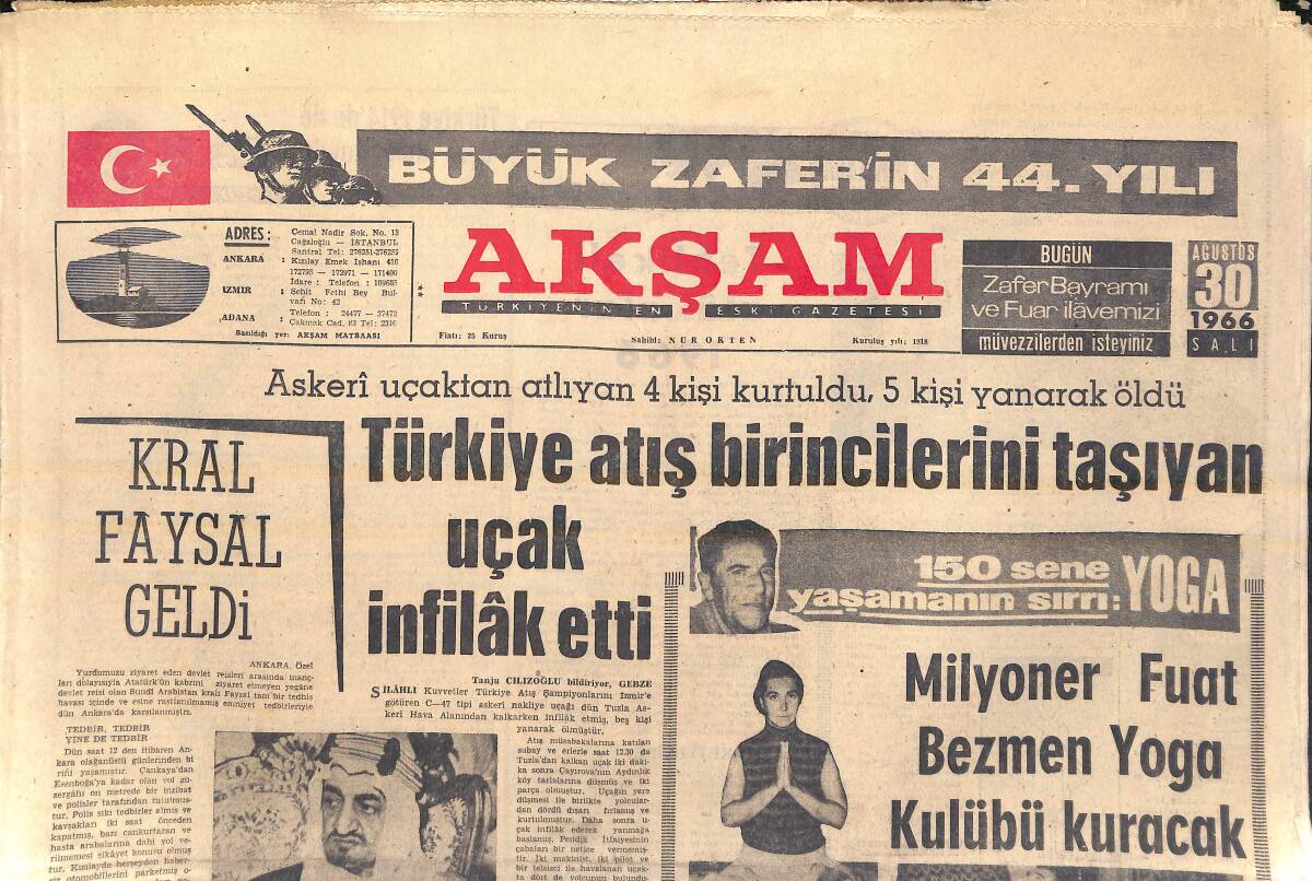 Akşam Gazetesi 30 Ağustos 1966 - Milyoner Fuat Bezmen Yoga Kulübü Kuracak - Fenerbahçe'nin Yeni Saha Ve Lokali Bugün Açılıyor GZ157042 - 1