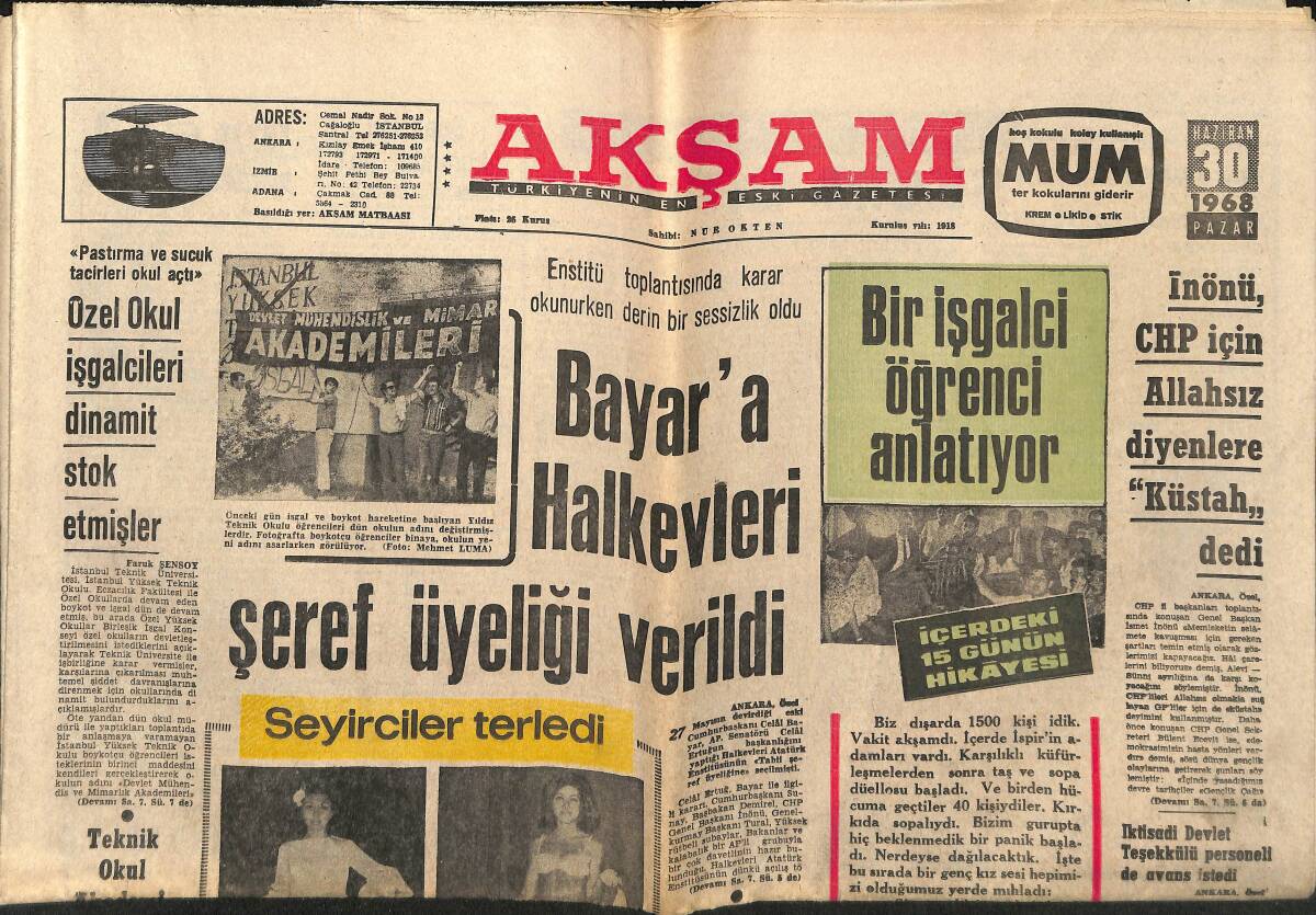 Akşam Gazetesi 30 Haziran 1968 - Kaloperoviç Antrenörlüğe Galatasaray'da Başlayacak - Bayar'a Halk Evleri Şeref Üyeliği Verildi GZ152246 - 1