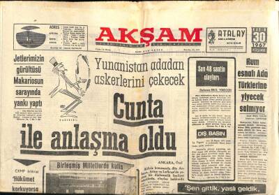 Akşam Gazetesi 30 Kasım 1967 - Rum Esnafı Ada Türklerine Yiyecek Satmıyor GZ87891 - 1