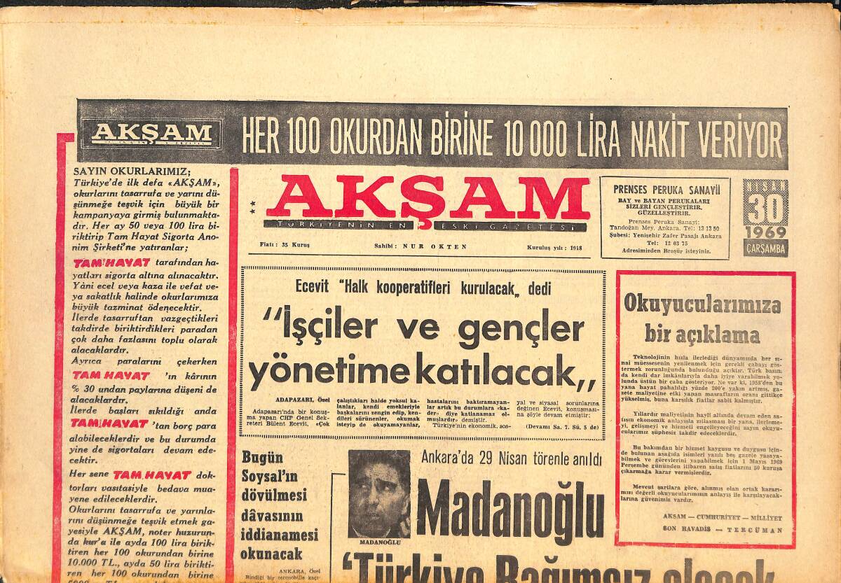 Akşam Gazetesi 30 Nisan 1969 - Madanoğlu: Türkiye Bağımsız Olacak - Reform Tasarısına Profesörler Karşı GZ143490 - 1