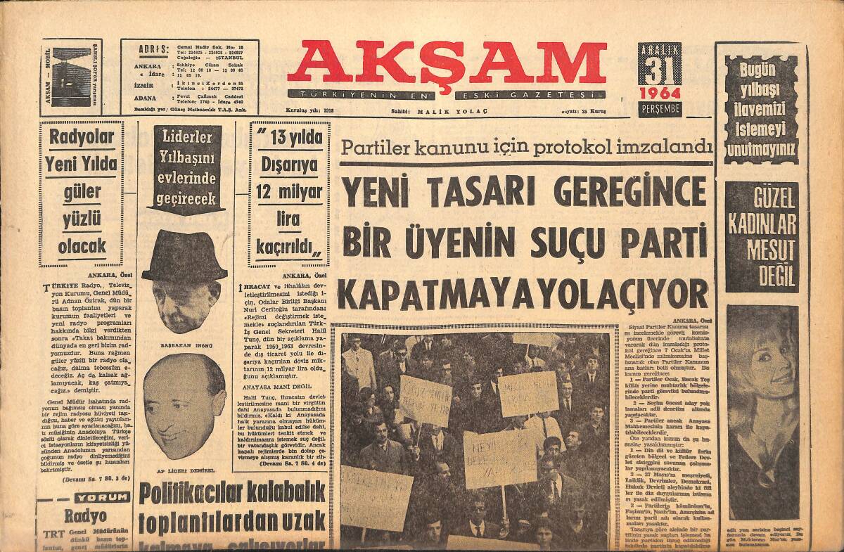 Akşam Gazetesi 31 Aralık 1964 - John Wayne, Kanserden Ameliyat Oldu - Ünlüler Yeni Yıl İçin Neler Dedieler: B. Bardot, Sophia Loren, Liz Taylor GZ145308 - 1