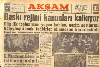 Akşam Gazetesi 31 Mayıs 1960 - Baskı Rejimi Kanunları Kalkıyor - E. Menderes , Gedikin İntiharını Anlattı GZ125294 - 1