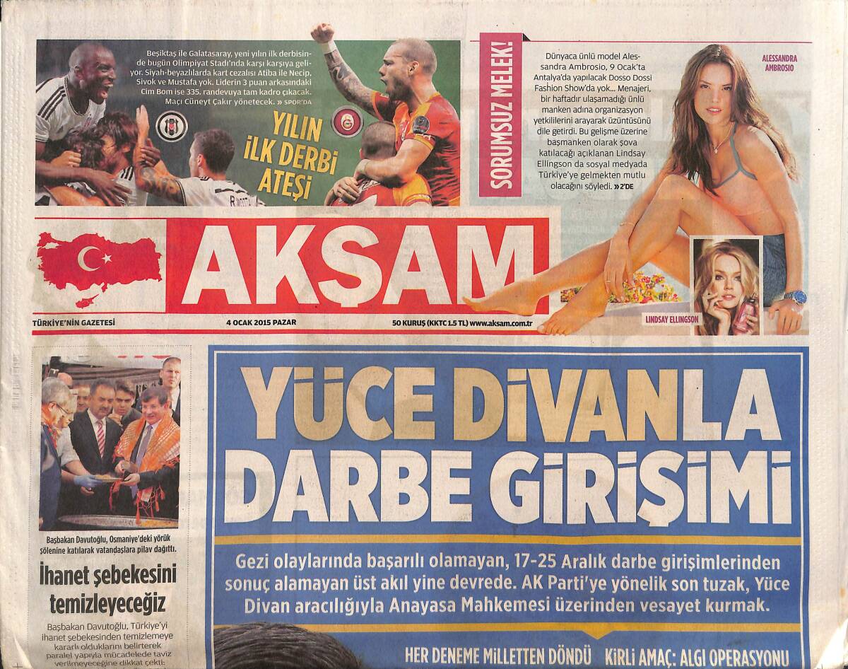 Akşam Gazetesi 4 Ocak 2015 - Yüce Divanla Darbe Girişimi - Düşen Uçaktan Mucize Kurtuluş - Arda Turan 