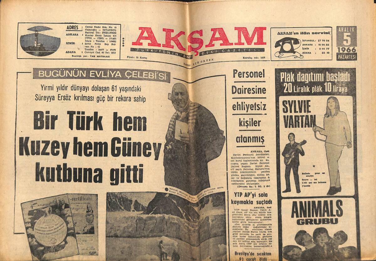 Akşam Gazetesi 5 Aralık 1966 - Bir Türk Hem Kuzey Hem Güney Kutbuna Gitti - Boksta Fiyasko: İtalya Maçı İptal Edildi! GZ146009 - 1