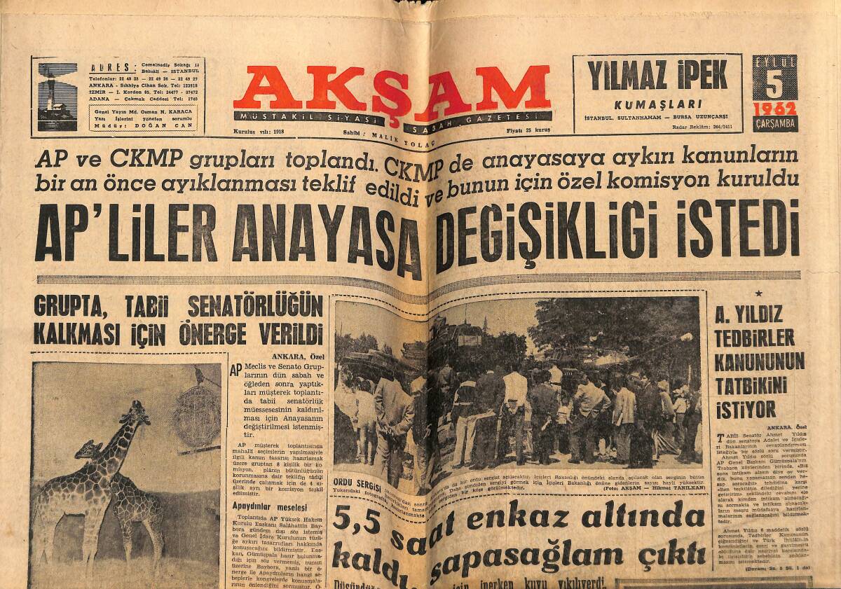 Akşam Gazetesi 5 Eylül 1962 - AP'liler Anayasa Değişikliği İstedi - Sophia Loren'in Bitmeyen Çilesi GZ148909 - 1