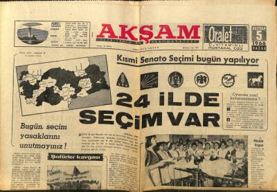Akşam Gazetesi 5 Haziran 1966 - 24 İlde Seçim Var GZ97761 - 1