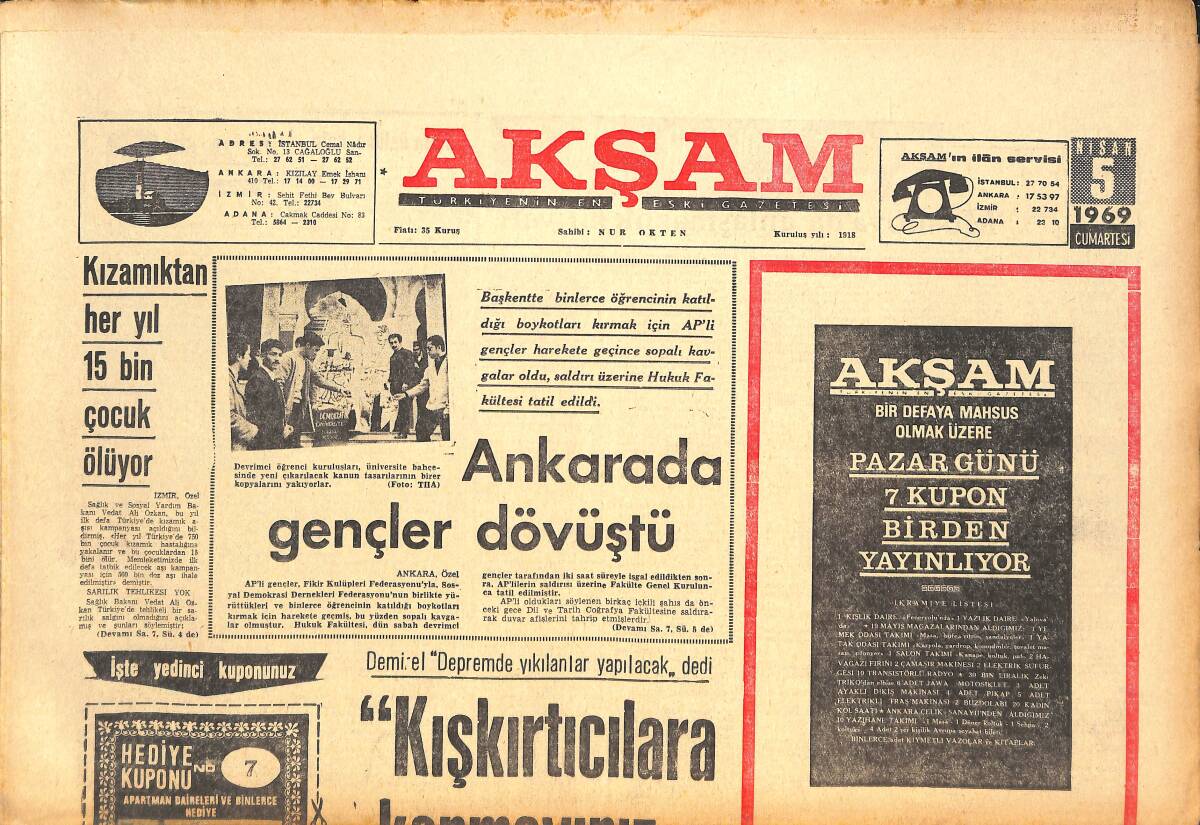 Akşam Gazetesi 5 Nisan 1969 - Bulgar Şarkıcı Boris, Gökben'e Bir Gecede Aşık Oldu! - Faruk Talu Ve Müslim Bağcılar Bir Araya Geldi! GZ143507 - 1