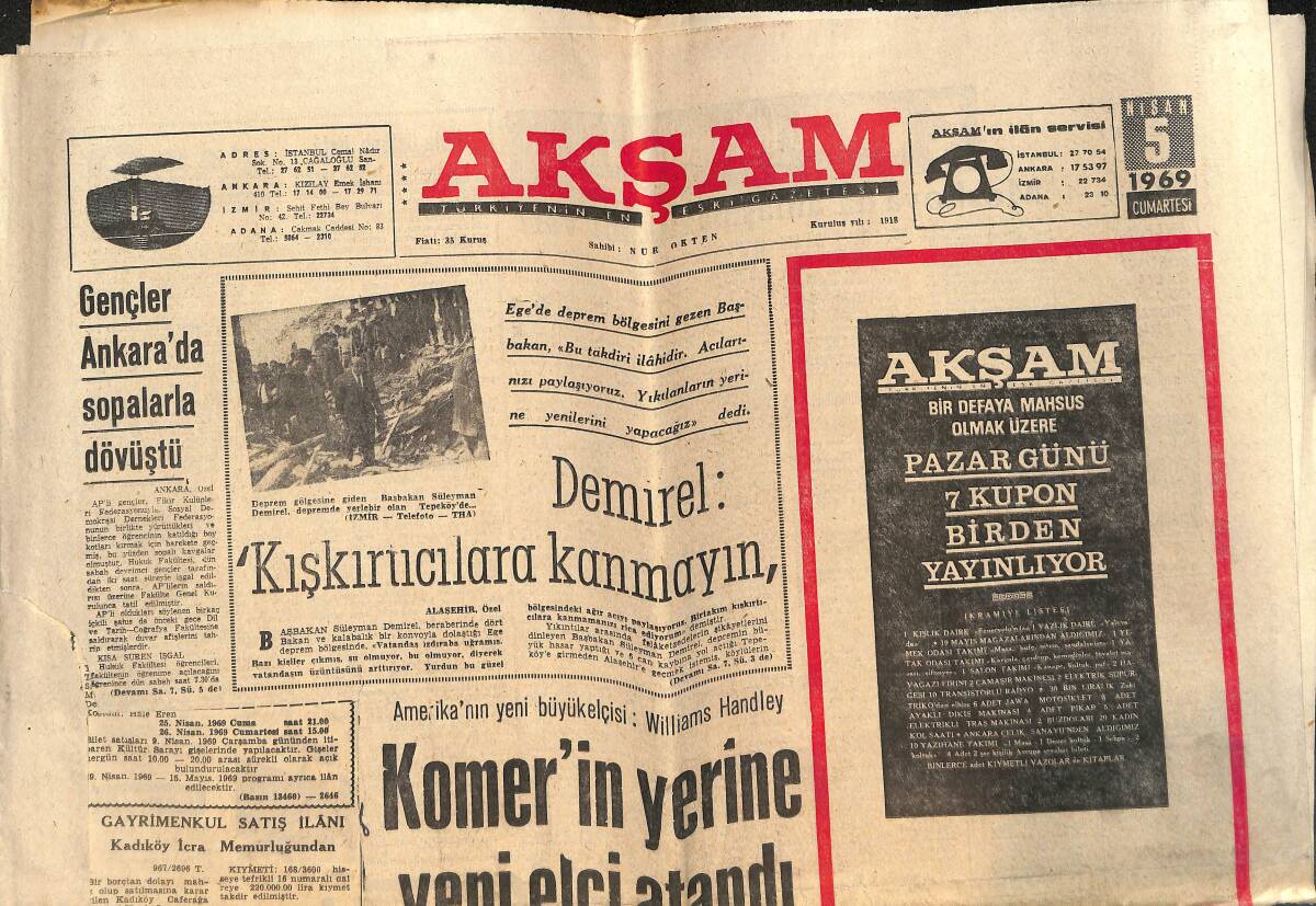 Akşam Gazetesi 5 Nisan 1969 - Kızamıktan 15 Bin Çocuk Ölüyor - Kumaş Dağıtımı Devam Ediyor GZ149402 - 1