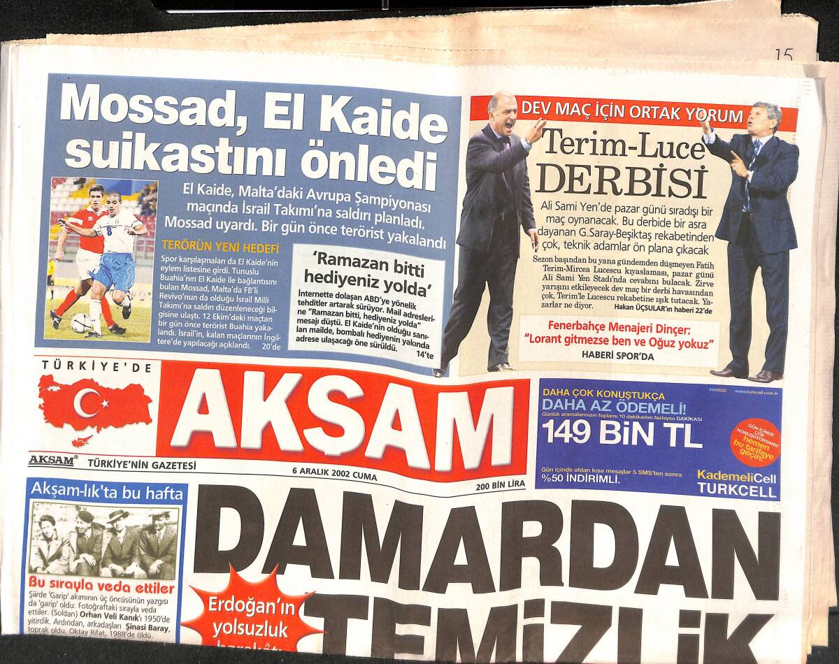 Akşam Gazetesi 6 Aralık 2002 - Terim-Luce Derbisi - Bush Erdoğan'a Güveniyor - Öcalan'ın Avukatları Feribotla Gidecek GZ149427 - 1