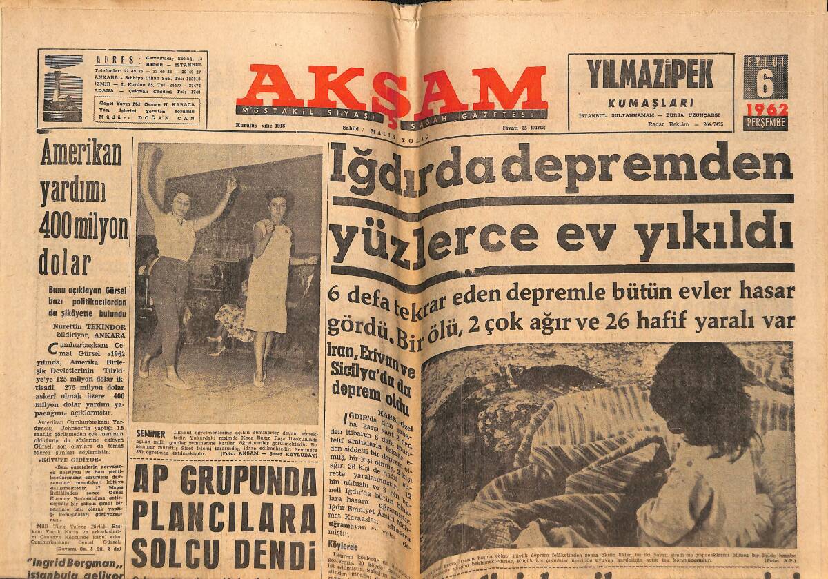 Akşam Gazetesi 6 Eylül 1962 - Kızılderililer Senelik Toplantılarını Yaptılar - Iğdır'da Depremde Yüzlerce Ev Yıkıldı GZ148932 - 1
