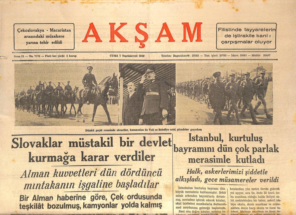 Akşam Gazetesi 7 Ekim 1938 - İstanbul Kurtuluş Bayramı Dün Parlak Bir Merasimle Kutlandı - Slovaklar Müstakil Bir Devlet Kurmaya Karar Verdi GZ146589 - 1