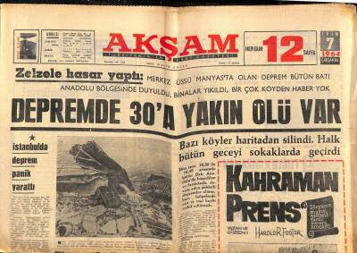 Akşam Gazetesi 7 Ekim 1964 - Manyasta ki Depremde 30a Yakın Ölü Var GZ82292 - 1
