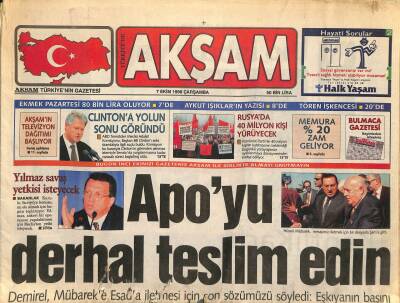 Akşam Gazetesi 7 Ekim 1998 - Şamda Saklanan Aponun Sık Sık Bekaa Vadisine Gelerek Eşkiyayı Denetlediği de Belgelendi GZ120836 - 1