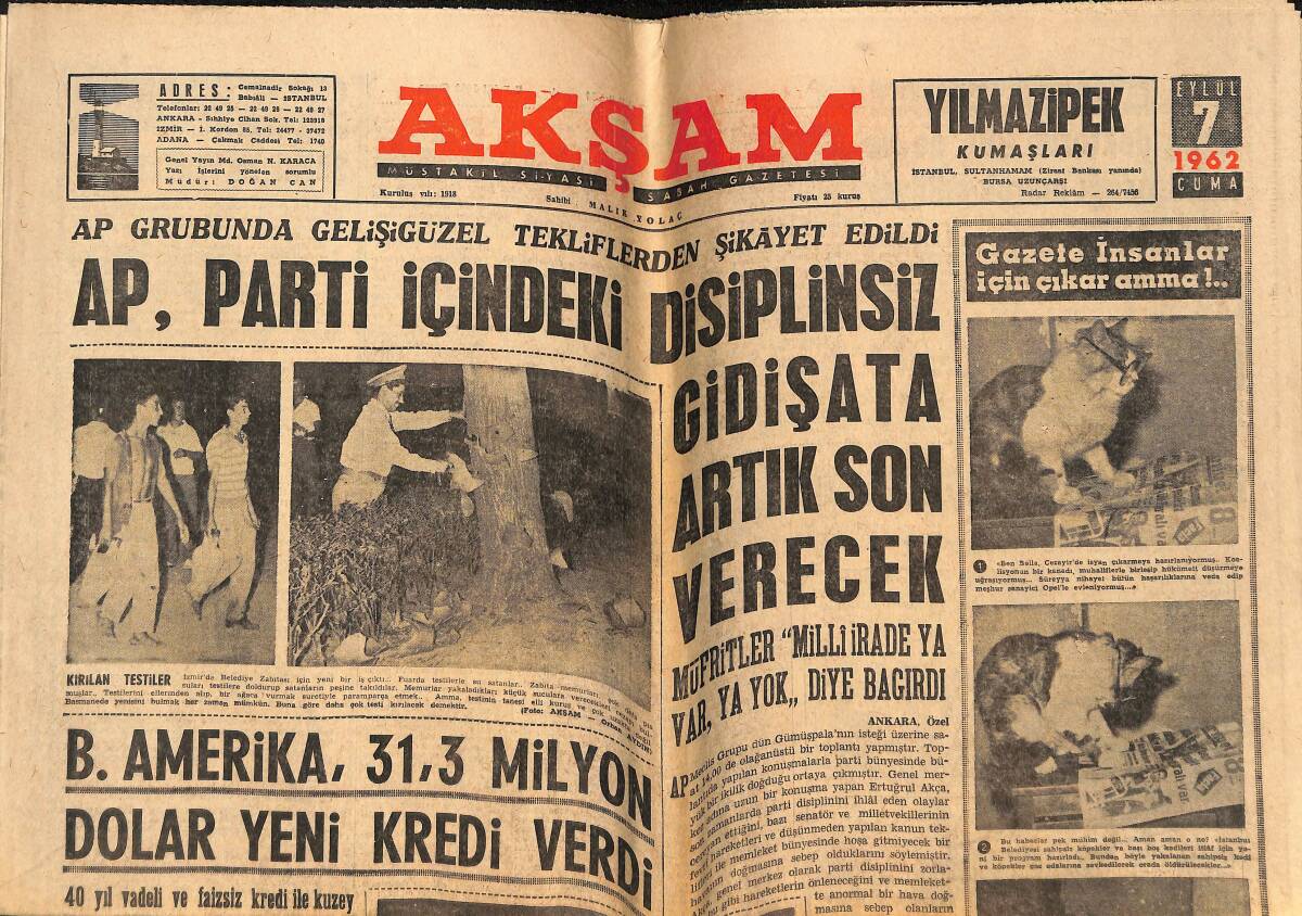 Akşam Gazetesi 7 Eylül 1962 - Kraliçe Dina , Ben Bella İle Evleniyor - B. Amerika , 31.3 Milyon Dolar Yeni Kredi Verdi GZ148809 - 1