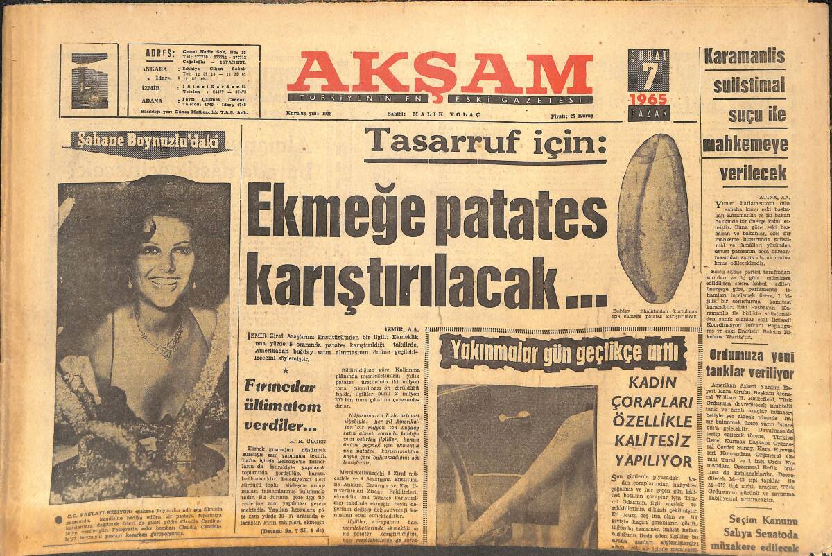 Akşam Gazetesi 7 Şubat 1965 - Eichmann'ın Oğlu Aranıyor - Karamanlis Suistimal Suçu İle Mahkemeye Verilecek GZ144246 - 1