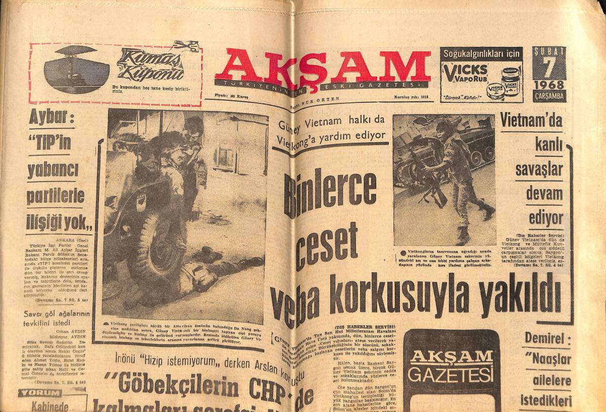 Akşam Gazetesi 7 Şubat 1968 - Vietnam'da Kanlı Savaşlar Devam Ediyor - Beşiktaş'a Asla Politika Girmeyecek GZ148933 - 1