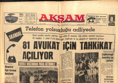 Akşam Gazetesi 8 Eylül 1966 - 81 Avukat İçin Tahkikat Açılıyor GZ103280 - 1